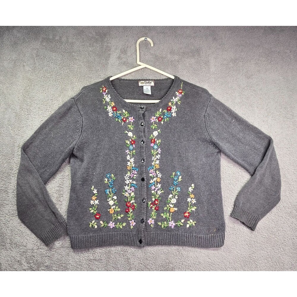 Vintage Tiara Cardigan Sweater Women's Petites Medium Embroidered Flowers Gray